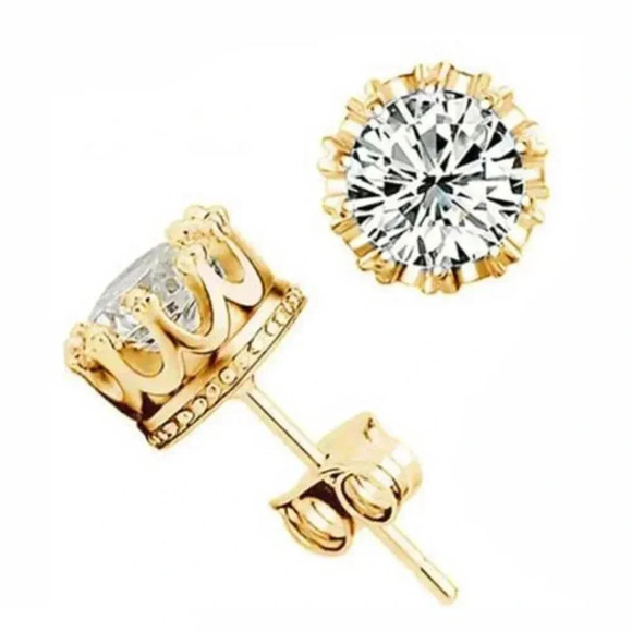 Fashion Crown Zircon Stud Yellow Gold Tone Earrings - Picture 3 of 15